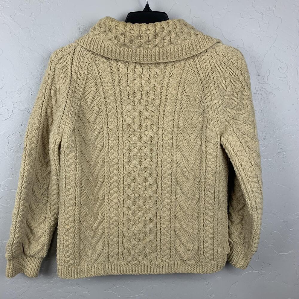 Vtg 1970s Cable knit wool cardigan WomenvMedium Tan Fisherman Shawl Collar Lined - Picture 2 of 8